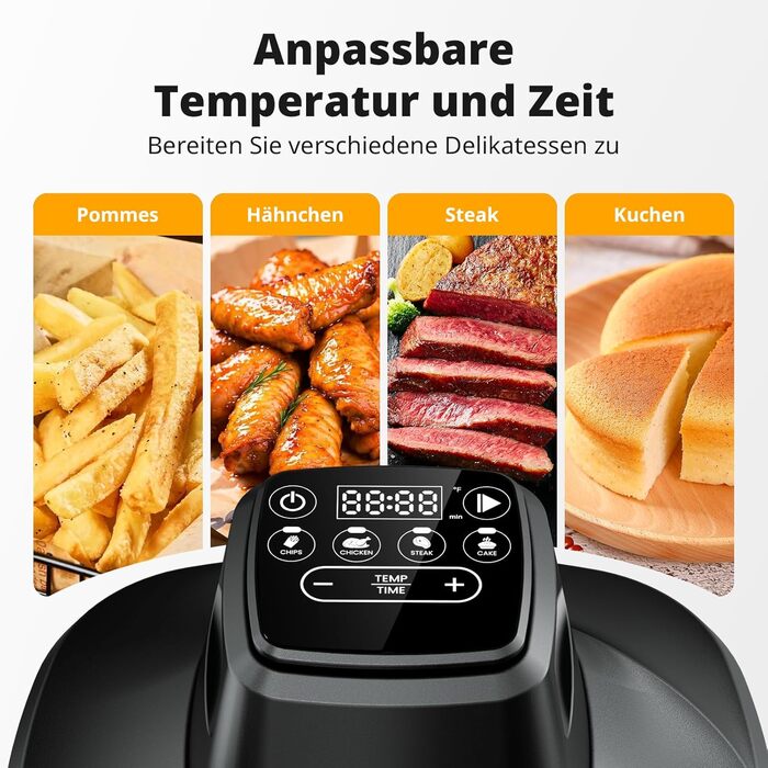 Фритюрниця повітряна AIRMSEN зі скляною чашею, 1500 Вт, 4.5L + 1.2L, 60–230 °C, 4 програми, знімна чаша, для мікрохвильовки та мийки посуду