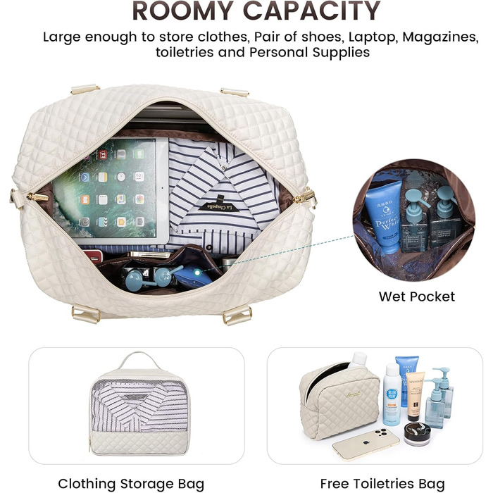 Спортивна сумка LOVEVOOK для жінок: велика дорожня сумка-мішок, weekender, з косметичкою, відділенням для взуття, водонепроникна, для подорожей, спортзалу, кемпінгу (M-3шт, Бежевий)