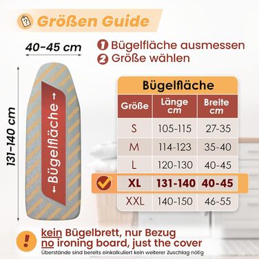 Покривало для прасувальної дошки 120x40 см | Сріблясте, відображає тепло | Guizug | OEKOTEX100 | 5 розмірів | М'яке | Підходить для парових прасок | Покривало для прасувального столу (Срібний, XL)