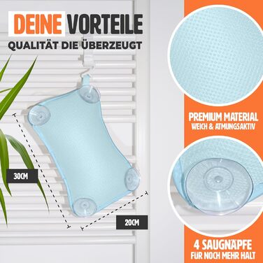 Подушка для ванни з ергономічною формою для шиї та спини - преміум якість, з 4 надміцними присосками та інтегрованим гачком (Блакитна)