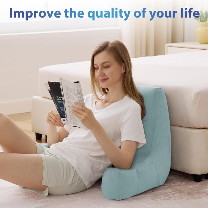 Подушка для читання з підлокітниками для дорослих, спинка для сидіння в ліжку, подушка з наповнювачем з піни з пам'яті з кишенями та знімним, пральним чохлом, для відпочинку, перегляду телевізора (Морська блакить, M(18 дюймів))