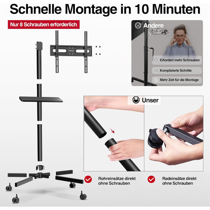 Підставка для телевізора на колесах для 32-65 дюймів, чорна, до 40 кг, VESA 400x400 мм