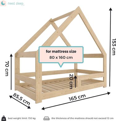 Потрібне ліжко Sleep House Floor Bed 80x160 см із захистом від випадання та симетричним димоходом