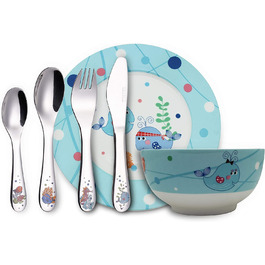 Набір дитячого посуду Exzact з нержавіючої сталі (6 шт.) - миска, тарілка, ніж, виделка, ложка для чаю, столова ложка - подарункова коробка
