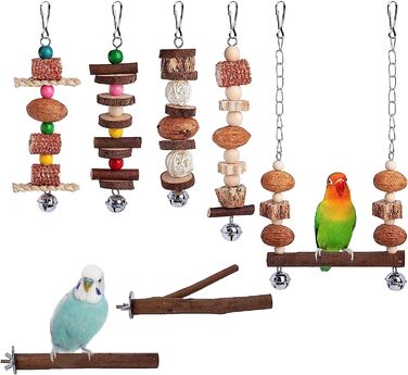 Іграшки для птахів MQUPIN, 14 предметів, гойдалки для папуг, дерев'яні сходи, гамак, іграшки для папуг, пташині клітки, аксесуари для маленьких і середніх папуг, корелл (14 упаковок). (7 шт.)