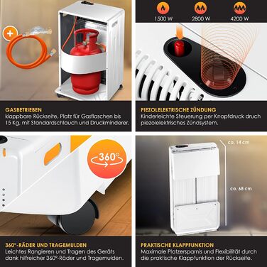 Газовий обігрівач KESSER 4200W з керамічним нагрівачем, регулятором, шлангом та захисним кожухом. Підходить для бутану/пропану до 15кг. Чорний