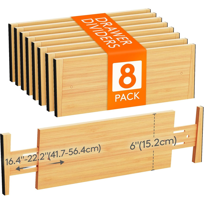 Органайзери для ящиків LifeWit 8 шт. з бамбука, регульовані, 42-56 см, для кухні, шафи, столу