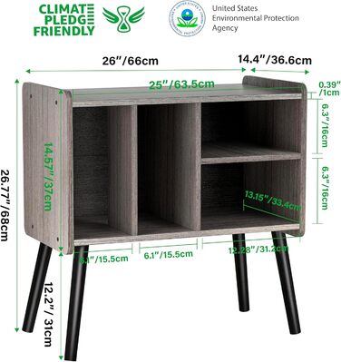 Стіл для програвача, стійка для програвача середини століття з місцем для зберігання вінілу (до 150+ альбомів), шафа для вінілових платівок з регульованими полицями (Сірий)