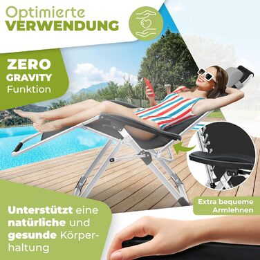 Шезлонг KESSER® для саду, розкладний, вологостійкий, 200 кг, з подушкою, регульована спинка, підголовник та тримач для напоїв, сірий