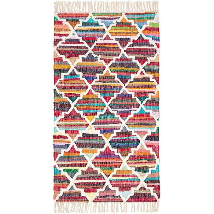 Ручне ткацтво з бавовни, барвистий бавовняний килим з геометричним візерунком і бахромою (90 x 150 см)