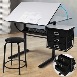 Креслярський стіл з табуретом - Стільниця з плавним нахилом, регульована по висоті, в т.ч. Тумба з 3 ящиками, білий чорний - Письмовий стіл, Офісний стіл, Робочий стіл, Стіл архітектора