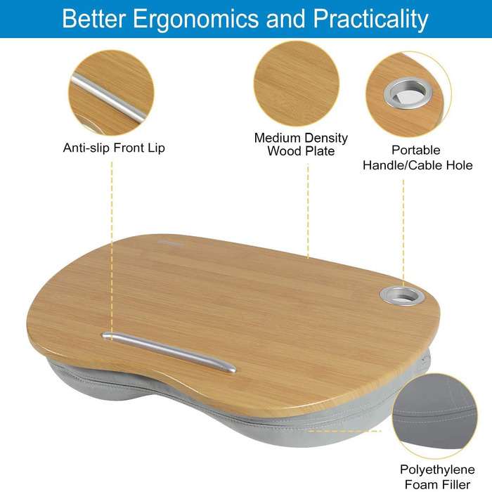 Підставка для ноутбука VLOXO бамбукова, портативна, для ліжка та дивану, з м'якою підкладкою, ергономічне коліно, з отвором для кабелю та протиковзкими смугами, для ноутбуків/планшетів/MacBook до 14 дюймів (срібна)