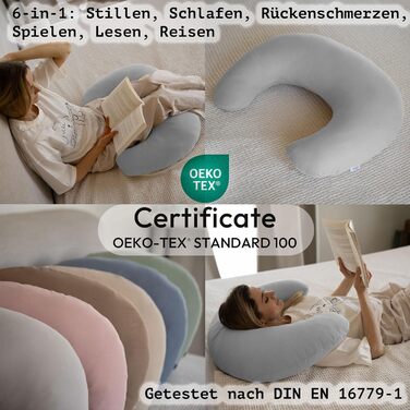 Подушка для годування та вагітності PaLulli XL (170x30 см), органічна бавовна, мусліновий чохол, сіра