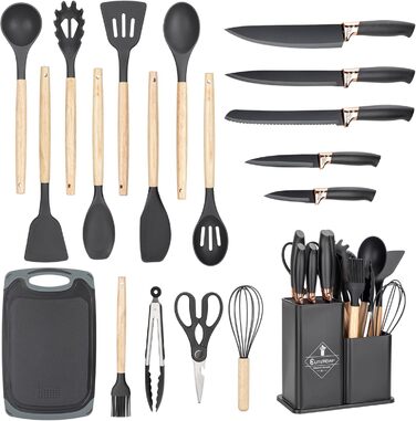 Набір кухонних ножів EliteHoff 19 предметів: 5 ножів, 12 аксесуарів, дошка та підставка. Силіконові кухонні аксесуари з дерев'яними ручками, безпечні для харчових продуктів, придатні для миття в посудомийній машині, чорного кольору (E-6069)