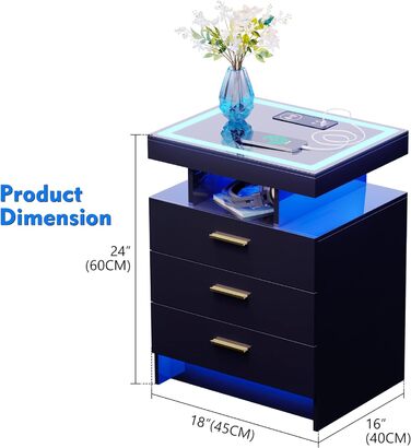 Приліжкова тумбочка Lvifur LED з функцією зарядки, з можливістю затемнення, глянцевий сервант, 3 ящики, USB-C, сенсор, чорний