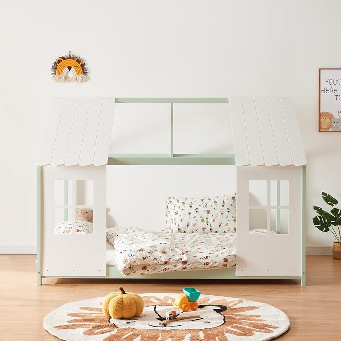 Дитяче ліжко Tostedt: ліжко-будиночок, ліжко для підлітків, ліжко-ігровий будиночок, ліжко з напіввідкритим дизайном Montessori, з масивного дерева (сосна), 120x200 см, рожево-біле