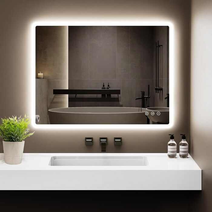 Дзеркало для ванної кімнати з підсвічуванням 50x70 см, сенсорне управління, антизапар, 3 кольори світла, регулювання яскравості, функція пам'яті