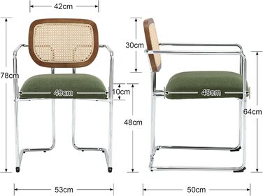 Обідні стільці Wahson Набір з 2 шт. , льон, Спинка з ротанга, Металеві ніжки, Вінтаж, Зелений