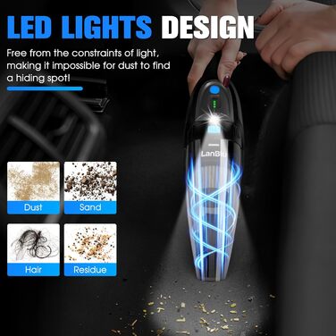 Акумуляторний ручний пилосос LanBlu для авто та дому, 25000Па, 120Вт, з LED-підсвіткою, зарядною станцією та мийним HEPA-фільтром, для вологого та сухого прибирання