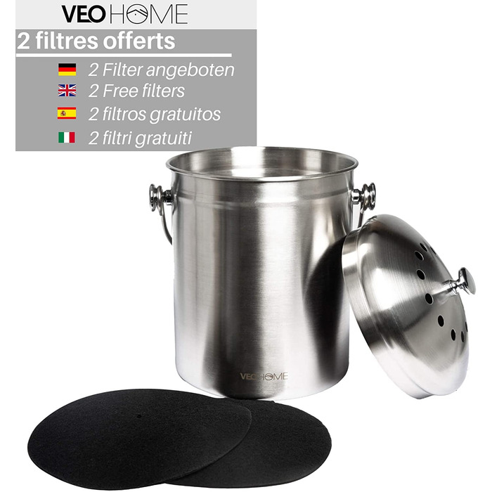 Кухонне відро для компосту VeoHome з вугільним фільтром (5 л) - Нержавіюча сталь, 100 герметична, для видалення запаху з органічних залишків їжі в домашніх умовах