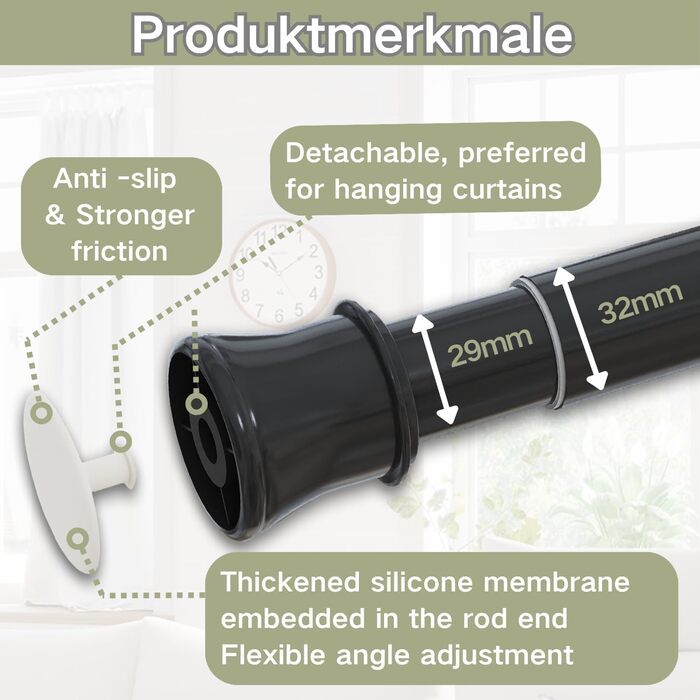 Телескопічний карниз для штор без свердління та гвинтів, розсувна штанга для ванної кімнати та шафи, 85-265 см (Ø 32 мм), чорний