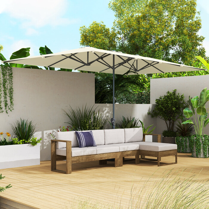 Подвійна парасолька Outsunny з кривошипом 451 x 264 см, захист від ультрафіолету 50+ парасолька, вітрозахисна садова парасолька Балконна парасолька Алюмінієвий ринок Сонцезахисний захист для балкона патіо Сад кремовий білий