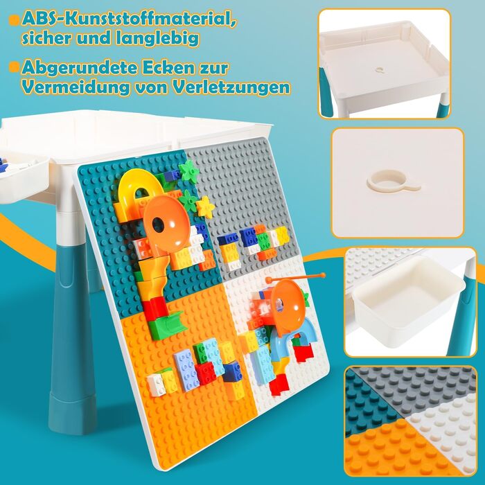 Дитячий стіл з 2 стільцями, ігровий стіл для дітей з 251 кубиком, багатофункціональний стіл для активностей від 2 років з місцем для зберігання, творчий стіл для конструювання з набором кубиків