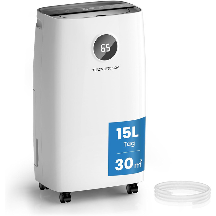 Електричний осушувач повітря 15L, 30㎡, для підвалу, з тачем, 2.5L бак, дренажний шланг, 46dB, таймер 24h, гарантія 3 роки