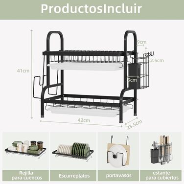 Сушарка для посуду NETEL 2-ярусна, чорна: з піддоном, тримачем для столових приборів, підставкою для ножів та склянок