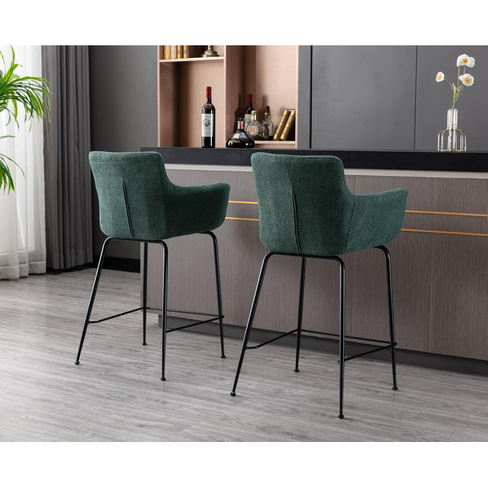 Набір з 2 барних стільців, сучасний дизайн, металеві ніжки, м'яке сидіння з фroté, вигнута спинка, для кухні, кафе, бістро, їдальні, зелений