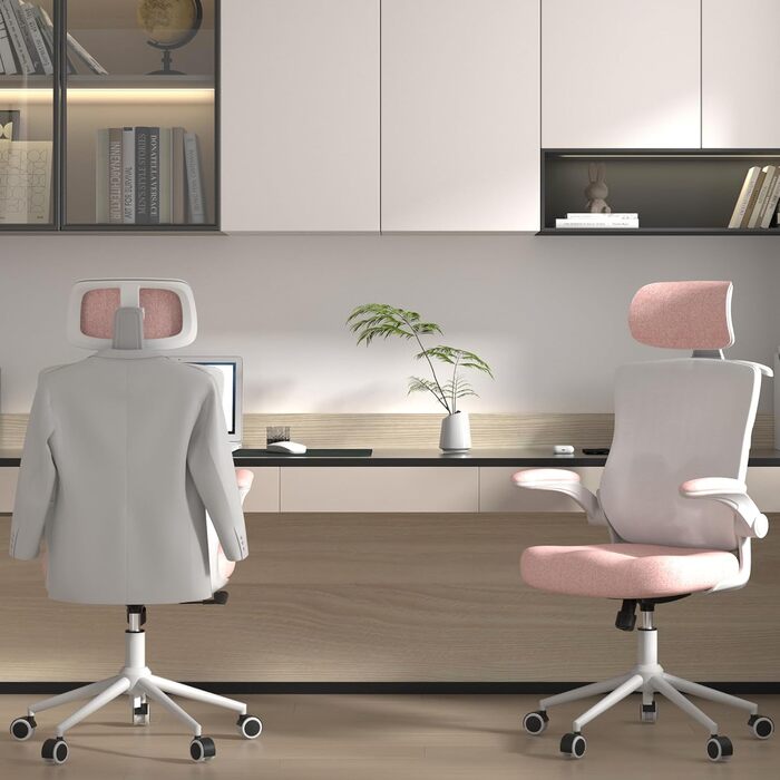 Ергономічне крісло для офісу з регульованою підголівником та поперековою підтримкою – високе офісне крісло з сітчатим спинком та м'яким сидінням, вішалка для одягу та функцією блокування (білий та рожевий)