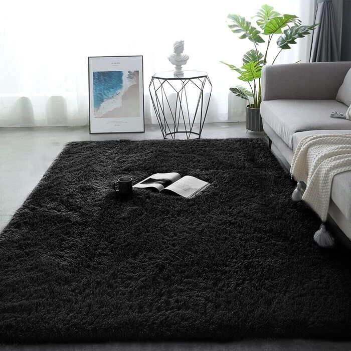 Круглий пухнастий килим Enyhom з високим ворсом, плюшевий товстий килим для вітальні, що миється оксамитовий ворсистий килим, нековзні м'які великі килими для дивана, спальні, прикраса для ліжка, Сірий (Чорний, 80 х 160 см)