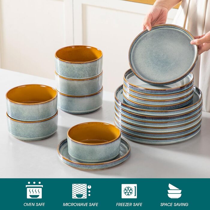 Набір посуду Vancasso Steingut 24 шт. для 8 осіб: тарілки, салатники, супові миски. Серія Galaxie, ONION (світло-блакитний)