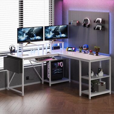 Ігровий стіл Flamaker L-подібний 140x140 см з RGB LED, підставка для монітора та ящик для зберігання | 2 розетки + 2 USB-порти (вуглецеве волокно, чорний) (білий)