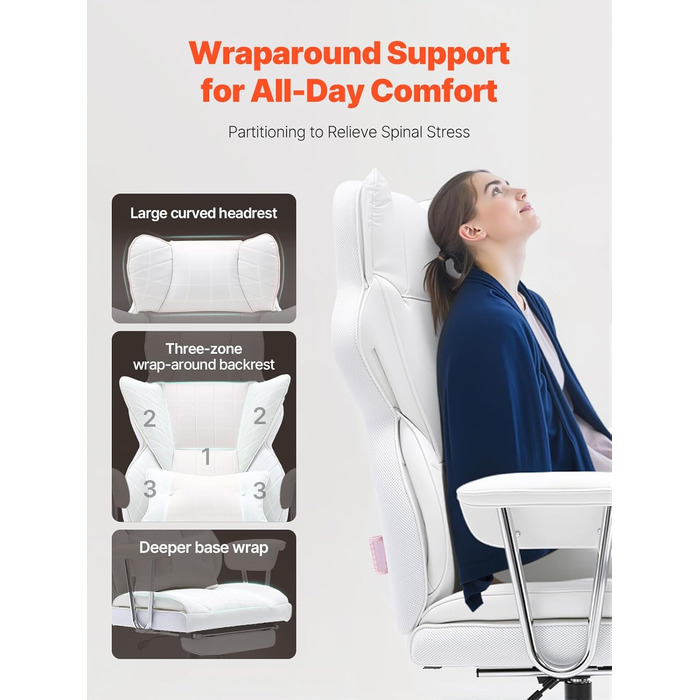 Крісло офісне VEVOR з PU шкірою, біле, для начальника з підніжкою, регульоване по висоті, до 181,43 кг, 860 x 610 мм, поворотне