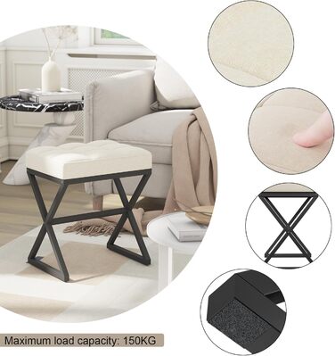 Пуф для макіяжу YMYNY, пуф-табуретка з льону, пуф для туалетного столика з металевими ніжками X-подібної форми, 40x30x46 см, бежевий (HBD033G)