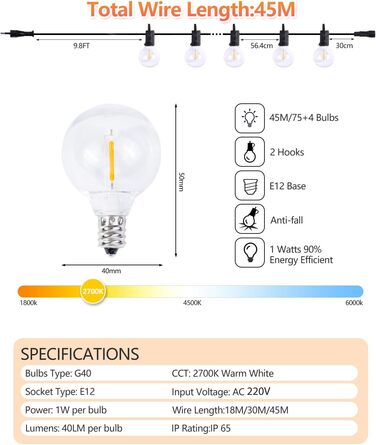 Світлодіодні ліхтарі для вулиці/приміщення, теплий білий водонепроникний IP65, лампи G40 для саду та вечірок (45M)