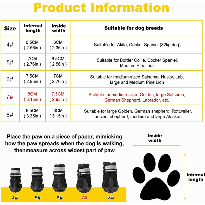 Взуття для собак Faankiton з 4 предметів захист лап, водонепроникне взуття для собак з нековзною підошвою і світловідбиваючим ремінцем для собак середнього і великого розміру (7 (Д * Ш) 8,0 см (3,15 дюйма)*7,5 см (2,95 дюйма))