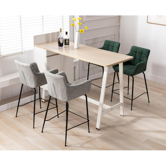 Набір з 2 барних стільців, сучасний дизайн, металеві ніжки, м'яке сидіння з фroté, вигнута спинка, для кухні, кафе, бістро, їдальні, зелений