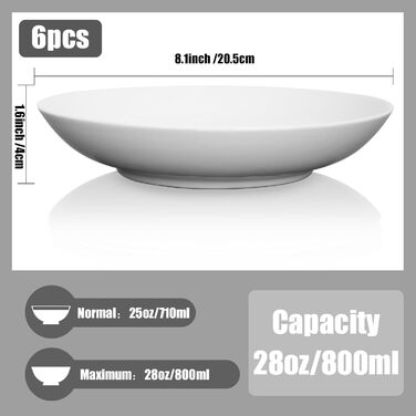 Тарілка для пасти ALLUSEIT керамічна, набір з 6 порцелянових тарілок для супу по 800 мл, тарілки глибини, тарілки для сніданку, тарілки для тортів, салатні тарілки, обідні тарілки, можна мити в посудомийній машині в мікрохвильовій печі, білий 20,5 см 20,5