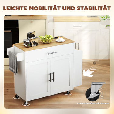 Острів для кухні HOMCOM, кухонний візок на колесах, зі складним робочим столом, ящик для зберігання, полиця, 120 x 68 x 85 см, білий