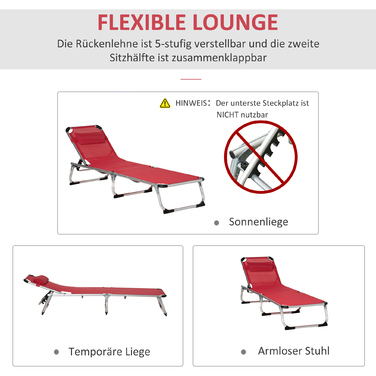 Outsunny Sun Lounger Садовий шезлонг 5-позиційний регульований складний ергономічний з сіткою червоний 165 x 60 x 76 см для відпочинку на свіжому повітрі