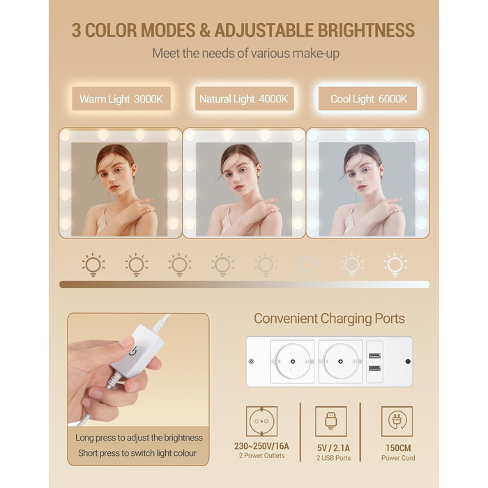 Дзеркальний туалетний столик Hzuaneri з LED-підсвіткою (10 LED), пуфом, великим дзеркалом, тримачем для фену та шухлядами, білий DT39003X