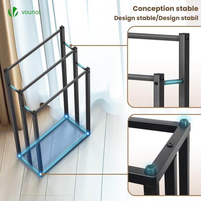 Підставка для рушників VOUNOT® на підлозі, металева, 3 стійки, чорна, 3 рівні