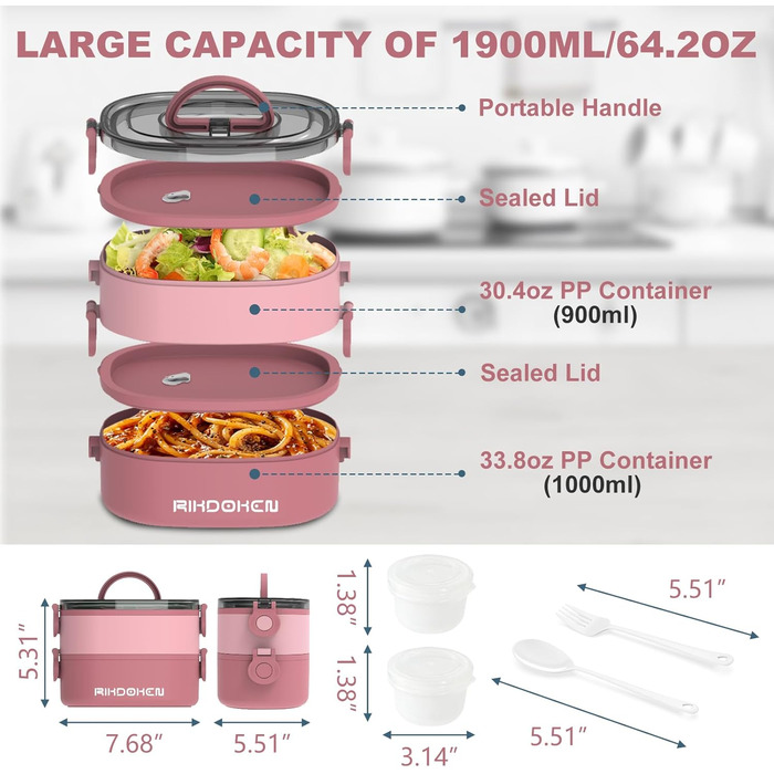 Ланчбокс, штабельований, 3-шаровий, 2,7 л, герметичний, бенто-бокс зі столовими приборами, можна використовувати в мікрохвильовій печі (рожевий)