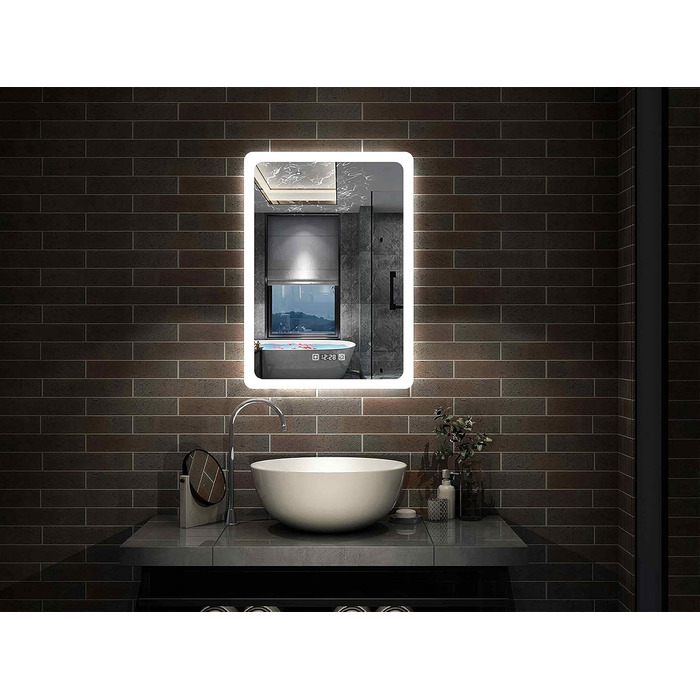Дзеркало для ванної кімнати Aica з LED-підсвічуванням 50x70 см, годинник, сенсорне управління, запобігання запотіванню, IP44, холодне біле світло, енергозбереження