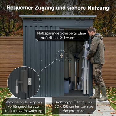 Сарай садовий металевий STEELSØN Talonix 184x85x149 см, антрацит – для інструментів, з односхилим дахом, оцинкований каркас