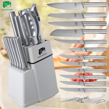 Набір кухонних ножів Fullhi 14 предметів з бруском для заточування, набір кухонних ножів з блоком, преміум якість (срібляста сталь)
