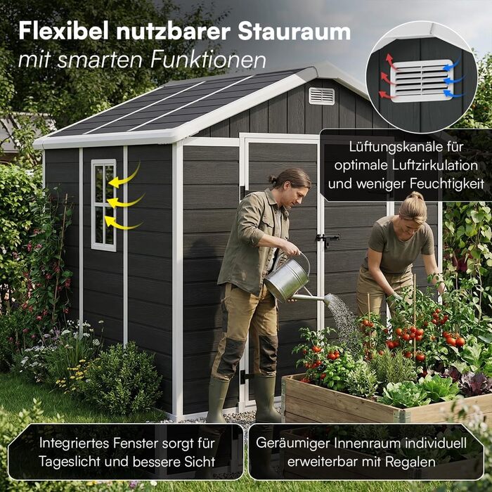 Сарай для інструментів STEELSØN Novara 192x92x151 см, пластиковий, з вікном, під дерево, темно-сірий - садовий будиночок, вологостійкий