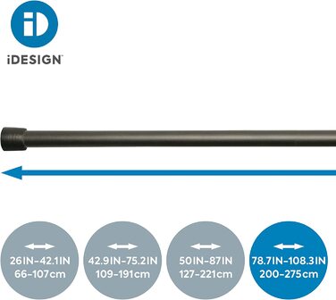 Карниз для душових штор iDesign (109-191 см), металева телескопічна стійка середньої довжини, висувний карниз для душової кабіни та ванни, кольори (чорний матовий, 200 - 274 см)